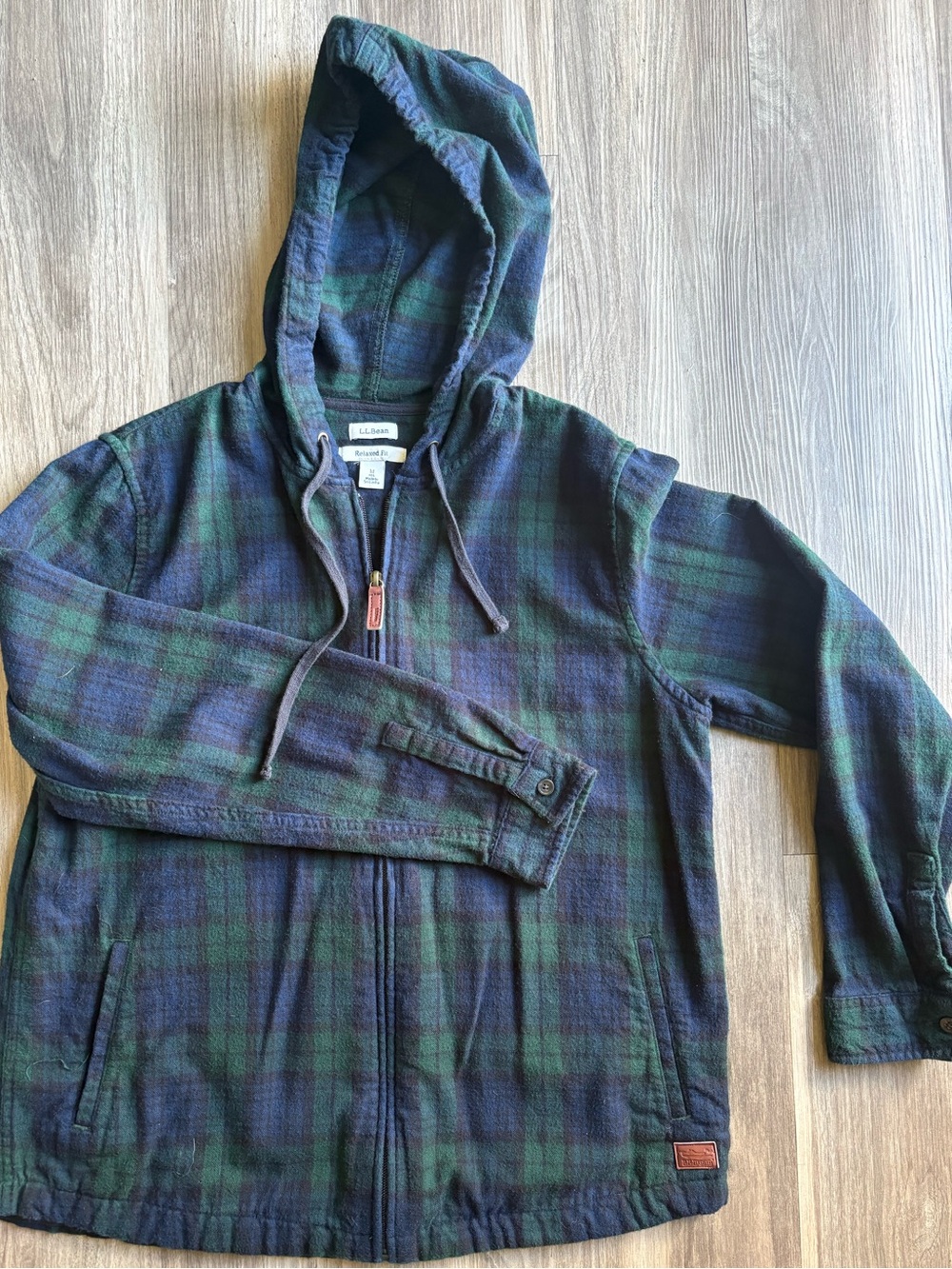 L.L. Bean Green and Navy Plaid Hooded Flannel Jacket